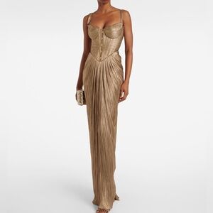 Strapless Pleated Tan Maxi Dress with Corset Bodice